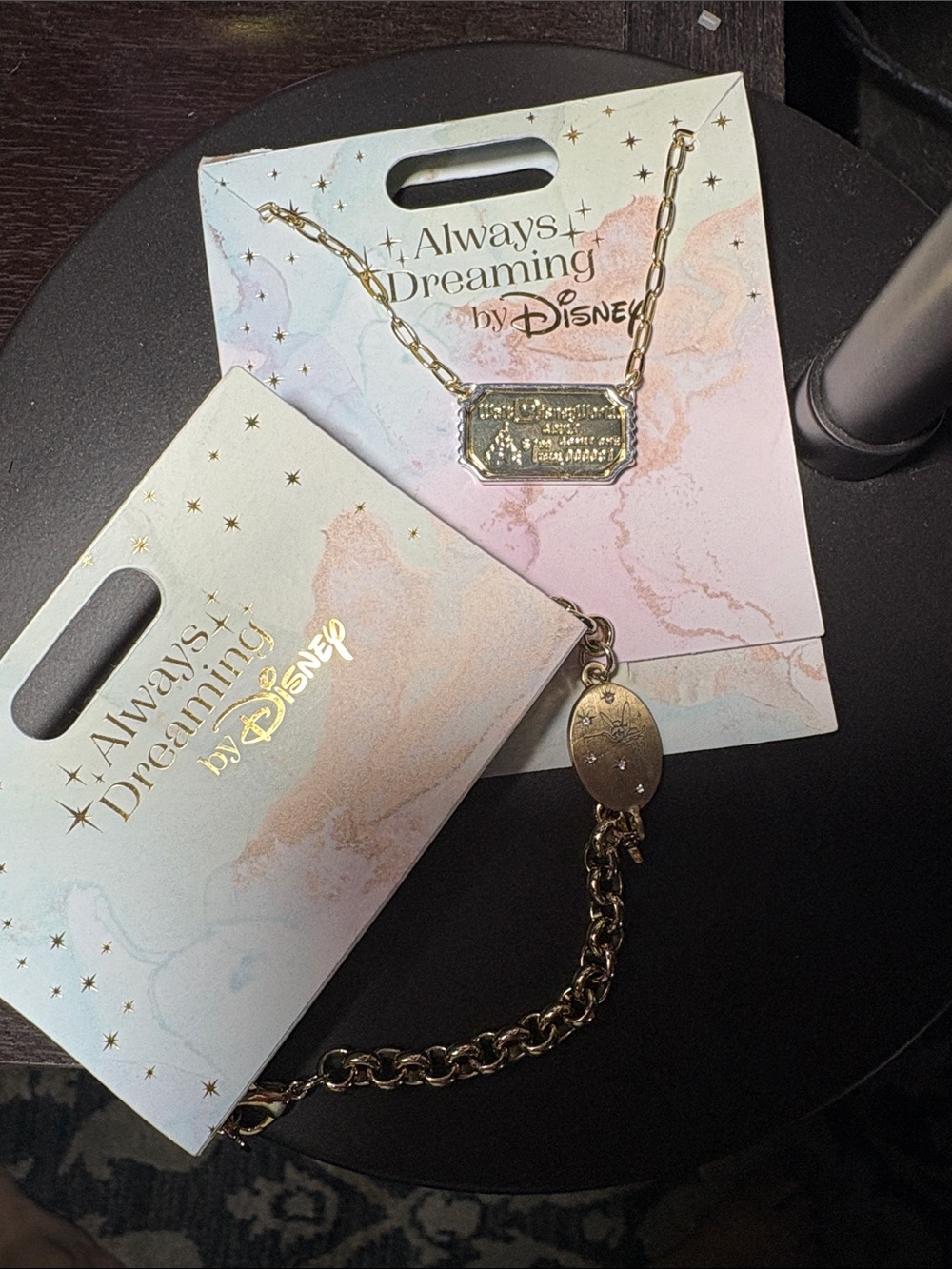 Disney Always Dreaming Gold-Tone Park ticket necklace & Tinker bell bracelet ✨